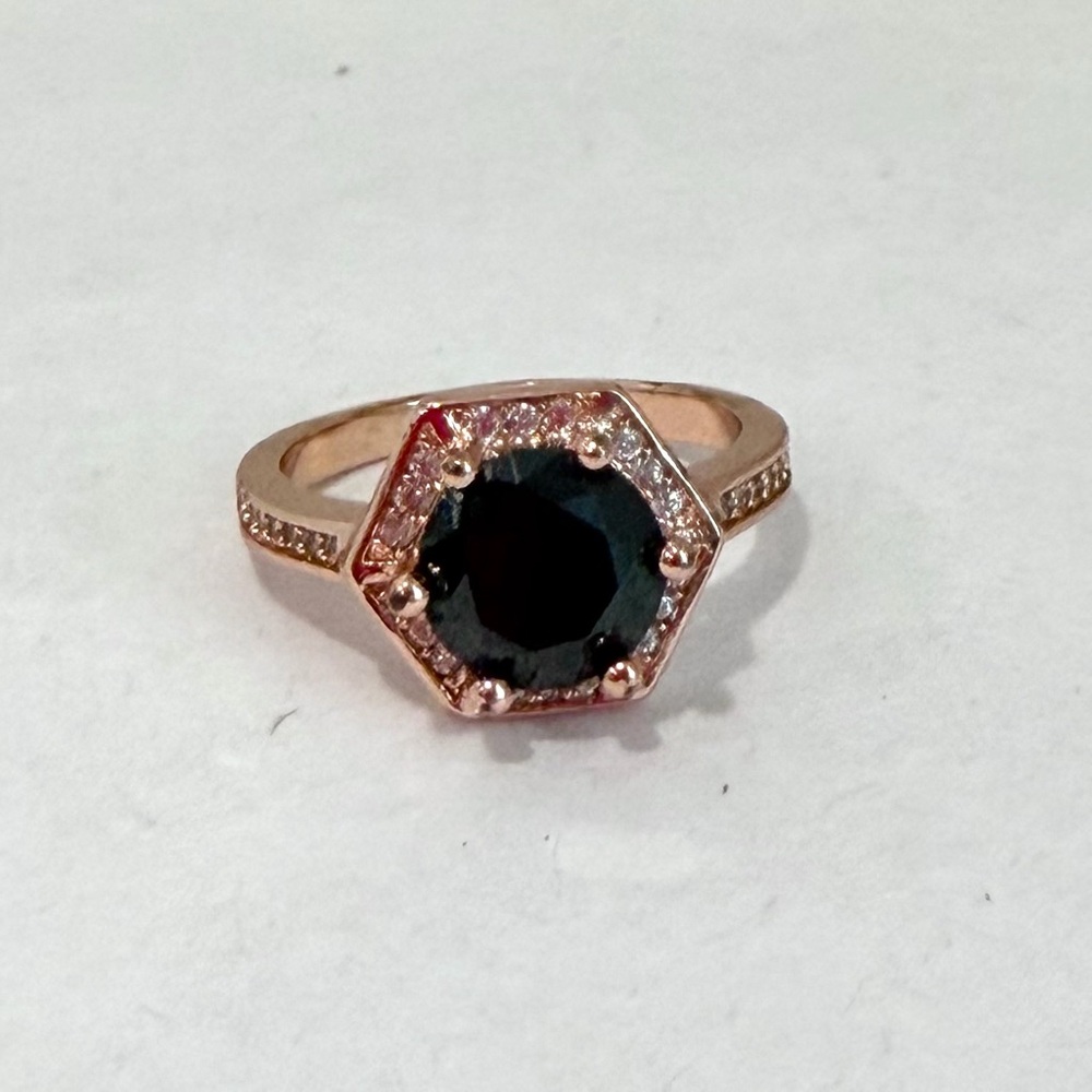 Fragrant Jewels Rose Gold Tone Faux Onyx Rhinestone Halo Solitaire Ring